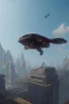 Placeholder: A flying car being drived by a robot between buildings in future city.