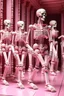 Placeholder: ‘Pink and White Metal Skeleton Army' depicts two columns of Identical Pink and White metal Skeleton Soldiers Marching in Lockstep toward the viewer; Klimt