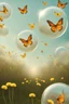 Placeholder: Butterflies in bubble blown up to the sky through a field of dandelions