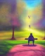 Placeholder: park mystical dream, park bench, man, woman, child, dog, trees, path, bird, sunshine, mystical, fantasy, romanticism, pastel colors, daylight, daytime, acrylic painting, detailed, soft focus,