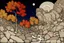 Placeholder: Autumn colors, peaceful, Egon Schiele, Max Ernst, night sky filled with galaxies and stars, rocks, trees, flowers, one-line drawing, sharp focus, 8k, deep 3d field, intricate, ornate, one million strokes