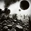 Placeholder: A striking quality Kodak photograph captures a wasteland with monsters and group of plants, creepy, details of the dust very accentuated, glossy organic mass, adorned with minerals and rocks. Bathed in intense light, eerie, Max Ernst style, black sun, fog