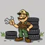 Placeholder: retro cartoon company mascot of a vehicle mechanic with a hint of forest ranger, holding a torque-wrench and next to a stack of tires, yogi's ranger smith