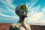 Placeholder: create a surreal sculpture-like portrait of a female figure made of aged, cracked stone. Her torso and face have large broken areas revealing a living tree growing within, roots connected to the barren ground. Sky in soft blue hues with drifting clouds, dramatic and timeless, high realism with symbolic surrealism --v 7 --style raw --ar 3:4