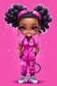 Placeholder: Create an abstract graffiti water color painting illustration of a chibi cartoon black female curvy smiling and hot pink scrub suit. Prominent make up with lush lashes and hazel eyes. Highly detailed slick ponytail thats wavy. background of the amour of stethoscopes