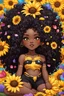 Placeholder: A sassy thick-lined comic book art cartoon black chibi girl lounging lazily on her side, surrounded by colorful flower petals. She is in the middle of the astrological Leo symbol with Prominent makeup. Highly detailed tightly curly black afro. Background of large yellow sunflowers surrounding her . Looking up coyly, she grins widely, showing sharp lion teeth. Her poofy hair forms a mane framing her confident, regal expression.