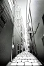 Placeholder: girl in an alley, wide angle view, greyscale