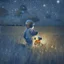 Placeholder: toddler in pyjamas with teddy bear in a field at night with lots of stars, looking at an apparition in the sky