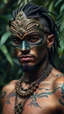 Placeholder: ultra HD shot of a strong young man with a mask Mayan features, tribal tattoos, textured copper skin, tribal jewelry, large, Background of the figure in a jungle environment.