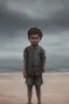 Placeholder: desaturated oil painting of boy on beach, old clothes, dark storm clouds overhead, gloomy, bleak, little fires