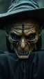 Placeholder: Busch painting style nightmare, a zoomed rear view of a witch by his face skin is a rusted broken metallic skin texture in a 3d rendering full-height image of a grim and dark scene. Ensure the final images exhibit the utmost quality, encompassing 4K, 8K, and 64K resolutions, with 3D rendering that manifests in photorealistic, hyperrealistic, and highly detailed representations. Employ techniques such as HDR, UHD,