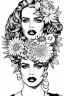 Placeholder: hyper detailed, black and white, thick line, coloring book illustration, lineart, stunningly beautiful woman in flowers