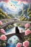 Placeholder: in the center: many beautiful fat fluffy black and white cats with green eyes sitting on a bridge, under the brigde flows a small blue river; background: landscape with dramatic mountains and white clouds, butterflys flying in the sky; first plan: pink roses;