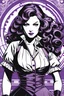 Placeholder: Adult venezuelan woman with thick eyebrows and curly long hair doing a Booker DeWitt impression including the clothing from Bioshock Infinite. only duotone purple and white. In the style of Akemi Takada, ultra detailed manga drawing, professional lighting, simple logo background. manga japanese comic style