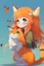 Placeholder: very cute anime pixar cat with long orange hair catching a butterfly