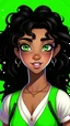 Placeholder: anime girl with dark skin that has long curly black hair and green eyes playing with Peter Pan