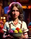 Placeholder: waitress woman with Sesame Street muppet mask-head, concept art, retro style, smooth, unreal engine 5, god lights, ray tracing, RTX, lumen lighting, ultra detail, volumetric lighting, 3d.