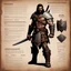 Placeholder: character concept sheet with AD&D statistics and characteristics, [vintage style noisy scratches glitches, Shot the texture and then rewound the film and double exposed the face] a Barbarian ranger with his leather armour, his broad sword and his small iron shield