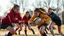 Placeholder: Young schoolgirls playing rugby, award-winning colour photograph, winter sunshine, action, determination, keen, tough