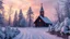 Placeholder: snow-covered wooden church in a snowscape with trees, path leading to church, conical spire, rounded door, windows, glowing light, winter sky, sunset in mist, beautiful composition, 8K, intricate detail, atmospheric, winter festival