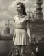 Placeholder: sepia young girl wearing white dress standing on wharf in shipyard, 1930s, 8k resolution, high-quality, fine-detail, intricate, digital art, detailed matte, volumetric lighting, dynamic lighting, illustration, 3D octane render, brian froud, howard lyon, selina french, anna dittmann, annie stokes, lisa parker, greg rutowski,