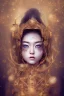 Placeholder: wonderfull japanese woman, curves, robotic, golden long hair, hair covering one eye, ultradetailed fine art photo of a indian, weet face portrait, snow flakes particles, 8 mm len