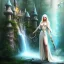 Placeholder: romantic fantasy spray painting, upper body of ultra cute blonde robed poet sitting on huge marble throne, torch in winding magical forest with waterfall