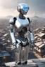 Placeholder: silver humanoid robot standing looking over a small alien town