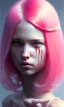 Placeholder: girl, cute, beautiful, pink hair, brown eyes, pigtails, bangs, knife in hand, blood on face, by Greg Rutkowski, big boobs