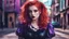 Placeholder: dark shot, city street, pastel goth, sexy goth girl, photo of cute 24 years old redhead woman, cinematic shot, hard shadows, photorealistic, cute face, looking at viewer, glitched face effect, shattering skin effect, colorful outfit, witch purple clothes, glitched background effect, frilly hairstyle, latex dress, torso, body, 8k, ultra-detailed, highres, rainbow skin, shattered glass effect, (best quality, masterpiece:1.2), (deformed neon light:1.3), soft particles of fractal fire