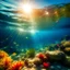 Placeholder: Burbujas de colores en el mar calmo, con animales marinos y rayo del sol atravesando el agua