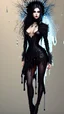 Placeholder: Full body and headshot of a young gothic woman dressed in clothing dripping like liquid, with no hat, with a multiverse background