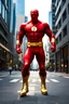 Placeholder: the Flash with gold boots, extremely exaggerated muscular stature, Professional Quality 35mm Photograph, 4k UHD, hyper-realistic, Photorealistic, extremely detailed, High resolution