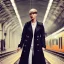 Placeholder: A beautiful slender well dressed young woman with short hair and a black trench coat, waiting for a man at night at a train station in London