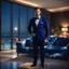 Placeholder: Hyper Realistic Handsome-Muscular-Man-with-little-smile Wearing Navy-Blue-Velvet-Tuxedo standing in a dark-room with blue-patterned-living-room-with-glass-windows-&-beach-view-at-night & water-splashes on the floor with fancy-navy-blue-couch-&-fancy-lamps-on-wall