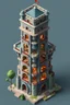 Placeholder: low poly 3D simple middle age fairy magic fantasy isometric tower with many similar floors, with different room interiors on each floor