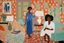 Placeholder: A painting of two women in a living room with vivid wallpaper by artist "Lois Mailou Jones"