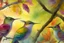 Placeholder: closeup, a colorful hummingbird family perched in the canopy, the siblings eating (opened mouth, the mother feeding them), twilight, looking down on the river through the canopy of a tree, on a misty twilight. over a misty pond in the hieght of fall. Watercolour by Alison Brady. Pastel colours S<AI in sunshine, ethereal, otherwordly, cinematic postprocessing