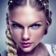 Placeholder: beautiful young queen with white armor, delicate white braided hair with ponytail, glass eyes, highly detailed, 8k, ambient light, taylor swift