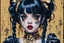 Placeholder: Poster in two gradually, a one side malevolent goth vampire girl face and other side the Singer Melanie Martinez face, full body, painting by Yoji Shinkawa, darkblue and gold tones,