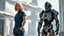 Placeholder: A full-body photograph of a young, slender woman with blond shoulder-length bob hair in a blue jumpsuit, standing in a futuristic cityscape with advanced spacecraft behind them, with an android in a huge metal exosuit with a helmet standing guard beside her.