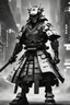 Placeholder: samurai robot in black and white cloak in a cyberpunk environment