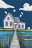 Placeholder: A white cozy house , ausmalbild, seerosen, dark blue sky with clouds and a blurred moon and small birds on the horizon