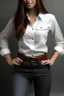 Placeholder: white woman with brown belt and jeans