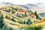 Placeholder: watercolor ,landscape, many colors, detailed, colorize, white background a hills, Tuscan villa on rolling hills, surrounded by green cypress trees and blooming fields. Infuse the scene with sunlight, conveying a cozy and tranquil atmosphere. a white background 9:11