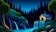Placeholder: There is a small house near a waterfall in the starry night sky.