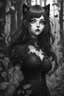 Placeholder: CAT GIRL, goth, forest, nature, cartoon, leaves, black and white hair, boobs, portrait