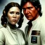 Placeholder: old carrie fisher embracing harrison ford in star wars, waist up portrait, photorealistic faces, intricate, oil on canvas, masterpiece, expert, insanely detailed, 4k resolution, cinematic smooth, intricate detail , soft smooth lighting, soft pastel colors,