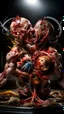 Placeholder: cinematic gore Bosch vs Dali style photorealistic photo of a mangled embryonic body wrestling itself in a fleshy vortex vortex, of anatomically fragmented, ripped apart again being flayed, skinned alive beating heart, muscles, blood vessels, bowels, entrails, capillaries, oozing puss are exposed. Visceral anatomy. physiology. Their face and body opens with a zipper. Bosch and Dali inspired hallucinations. mythology. grotesque.