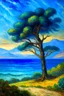 Placeholder: classic french style Monet painting of an ocean view with a tree in the foreground and mountain in the background